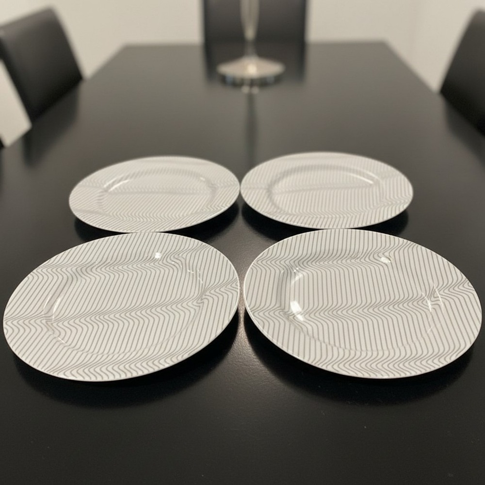 Pier 1 One Opulent Metallic Salad Plates Set of 4 Geometric Porcelain Lines 8"